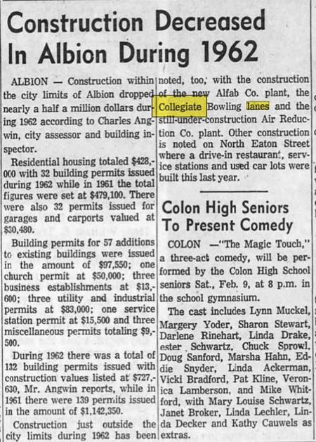 University Lanes (Collegiate Lanes) - Feb 1963 Article Mentioning Building Of Alley